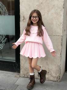 Souflis Souflis Young Girl Casual And Cute Pink Knitted Short Long-Sleeved Sweater With Bow And Knitted Skirt, Soft And Comfortable, Suitable For Daily Occasions, Suitable For Suitable For Traveling, Suitable For Vacation, Suitable For Home Scenes, Suitable For Nursery Scenes, Suitable For Children To Play. Wear Spring, Autumn And Winter Clothing, Festival Girls Outfit Sets - Pink - View 6