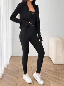 SHEIN EZwear Bộ 3 áo khoác len dệt kim thêu chữ phong cách thể thao thường ngày có khóa kéo + áo hai dây + quần dài Bộ đồ thể thao lót nhiệt, thích hợp cho mùa thu/đông, mùa thể thao, yoga, khiêu vũ - màu đen - Xem 4