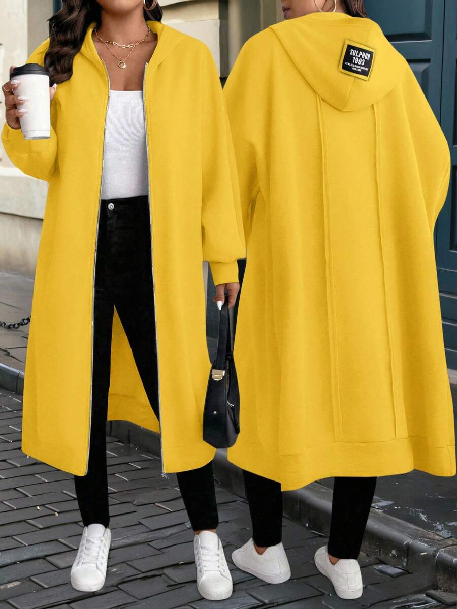 EMERY ROSE Plus Size Casual Letter Patch Zip-Up Hoodie Jacket, Autumn - Yellow - View 1