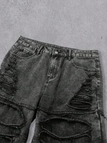 Manfinity Denimwave Men's Casual Distressed Ripped Frayed Hem Black & Grey Stacked Jeans, Perfect Holiday Gift For Boyfriend & Husband Punk Pants Men Tripp Pants Goth Pants Men - Dark Grey - View 5