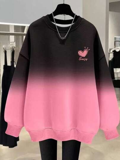 EMERY ROSE 女式加大码休闲渐变色心形印花圆领运动衫，秋季