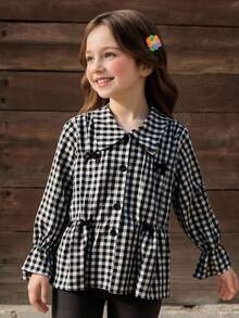女童休闲时尚蝴蝶结装饰黑白格子面料百搭长袖衬衫，甜美春秋装 - 黑與白 - 查看 3