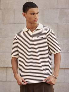 SWAVVY 男士休闲字母刺绣短袖 Polo 衫，夏季 - 杏色 - 查看 1