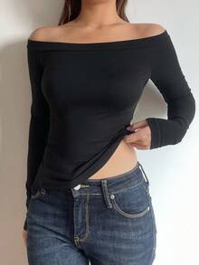 SHEIN BASICS Women's Casual Off Shoulder Long Sleeve Fitted T-Shirt, Suitable For Autumn/Winter, 95% Cotton,Black Tops - Black - View 3