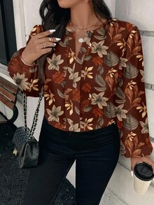EMERY ROSE Plus Size Floral Print Puff Sleeve Casual Shirt, Autumn - Brown - View 4