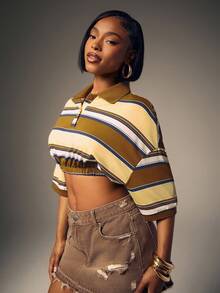 Cropped Cinched Waist Striped Polo Shirt - Olive Green - View 2