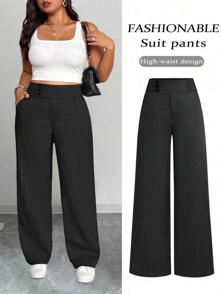 SHEIN Tall CURVE 加大高腰阔腿裤 - 黑色 - 查看 1