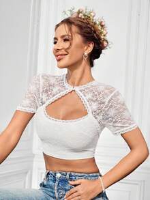 LanaWest Hollow-Out Keyhole Collar Lace Cropped Top, Dirndl - White - View 4