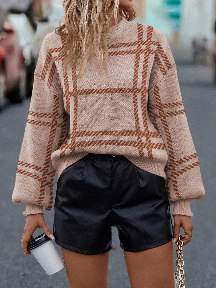 SHEIN LUNE Women's Retro Casual Everyday Plaid Drop Shoulder Lantern Sleeve Sweater, Autumn/Winter - Apricot - View 1