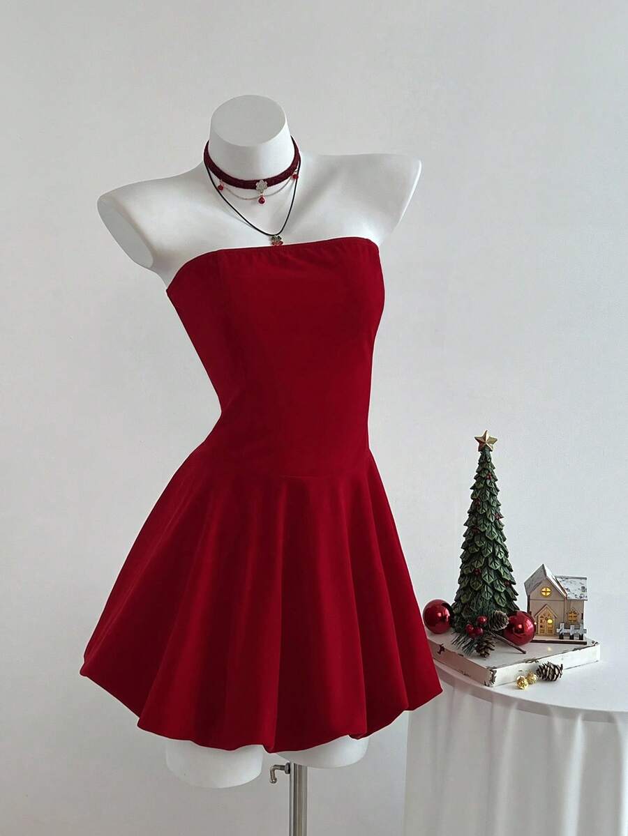 SHEIN Unity Women's Dark Strapless Backless Bubble Ruffle Hem Sleeveless Mini Dress,Elegant Summer Party Wedding Minimalist Fashion Everyday Wear - Burgundy - View 1