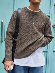 Manfinity Roghcode Men's Textured Crew Neck Long Sleeve Casual Sweater, Autumn/Winter - Maroon - View 1