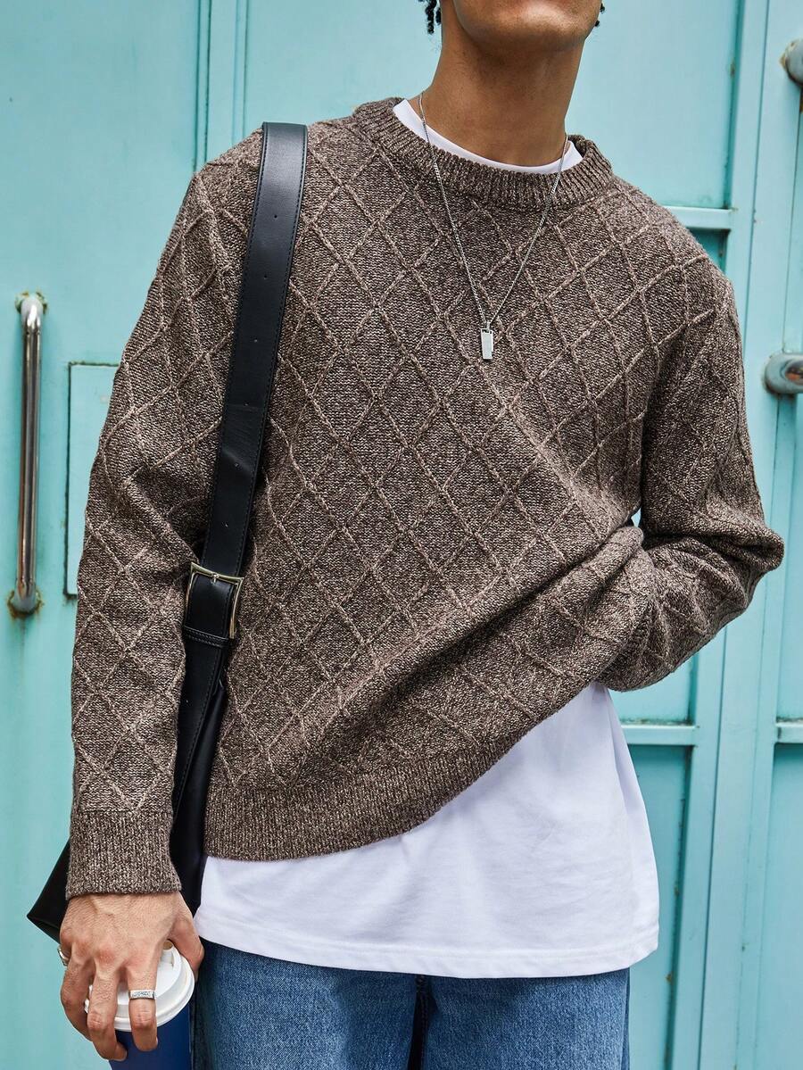 Manfinity Roghcode Men's Textured Crew Neck Long Sleeve Casual Sweater, Autumn/Winter - Maroon - View 1