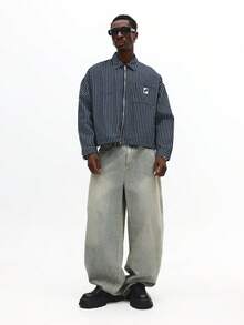 SUMWON经典竖条纹拉链牛仔夹克复古铁路工人风格长袖纽扣领秋冬外套休闲 - 藍色 - 查看 4