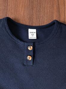 SHEIN Emery Rose Kids 年轻女孩优雅休闲圆领套头开叉设计中长连衣裙，适合上学、日常休闲装、秋冬 - 藏蓝色 - 查看 3