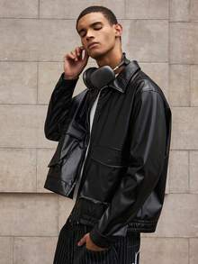 SWAVVY Men's Solid Color Long Sleeve Zip-Up Collar Utility Pocket PU Leather Jacket, Autumn, For Fall Winter - Black - View 6