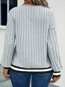 EMERY ROSE Women's Plus Size V-Neck Contrast Trim Soft Plus Size Ribbed Knit Sweatshirt, Autumn/Winter - Grey - View 2