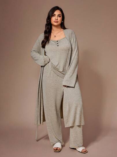 Lazeform طقم ملابس علوية كامي وبنطلون وروب من الأقمشة الناعمة والمريحة للمقاسات الكبيرة، ملابس خريفية وشتوية، طقم ملابس مريح