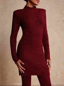 Vesra 2 piezas Conjunto de vestido de suéter y cinturón de unicolor para mujer, otoño - Burdeos - Ver 3