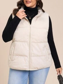 Comfylo 大码纯色前拉链无袖口袋休闲羽绒服，适合日常穿着，冬季秋季办公穿着，优雅百搭，尽显职场女性魅力，秋冬季商务休闲，适合办公室、工作、教师等场合，绗缝面料，保暖舒适。 - 米色 - 查看 7