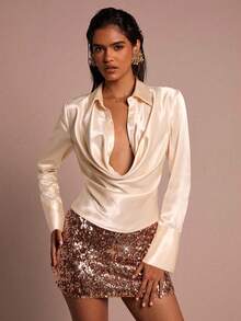 Glamine Women's Champagne Satin Lapel Ladies Shirt, Fashionable Sexy Commuter Versatile Office Party Versatile Shirt, Women's Satin Shirt, Women's Versatile Commuter Shirt, Women's Elegant And Fashionable Tops, Suitable For All OccasionsWomen At WorkVitamin Colorsvintagetrendy Basic AuRetro ChicPale YellowMinimalist Stylegirly AucorporategirliesCool Wear Collectionlean Fit Styleaffordablefashion - Yellow - View 6