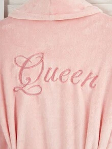 女士绒毛法兰绒长袍，休闲优雅粉色长袖长袍，饰有刺绣英文文字，前后系带，秋冬季舒适家居服，温暖舒适 - 粉色 - 查看 4