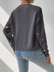 EMERY ROSE Women's Fashionable Casual Embroidered Round Neck Dolman Sweater - Dark Grey - View 3