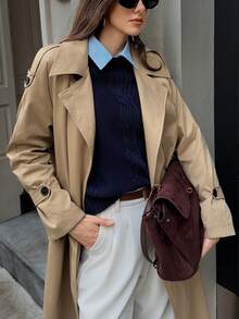 SHEIN Unity Áo gió dài hai hàng khuy cổ điển dành cho nữ, thời trang và cao cấp, thích hợp cho mùa thu - Màu Khaki - Xem 5