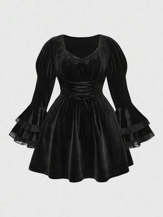 Hippie Halloween Witch Velvet Mystery Bell Sleeve Lace-Up Waist Midi Dress For Women