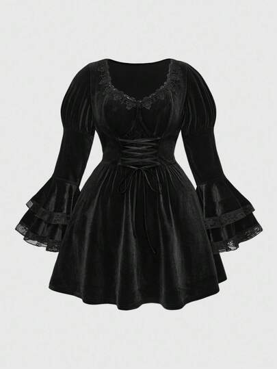 Hippie Halloween Hexe Samt Mysteriöses Glockenärmel Schnürung Taille Midi Kleid für Frauen