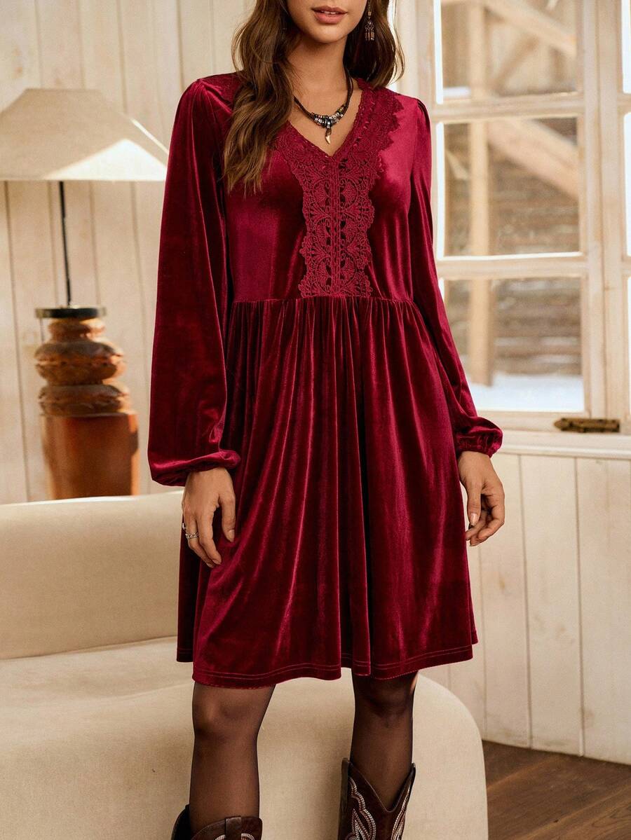 Lyxana LanaWest 女式西部休闲领子拼布荷叶边下摆 A 字形连衣裙 - 酒紅色 - 查看 1