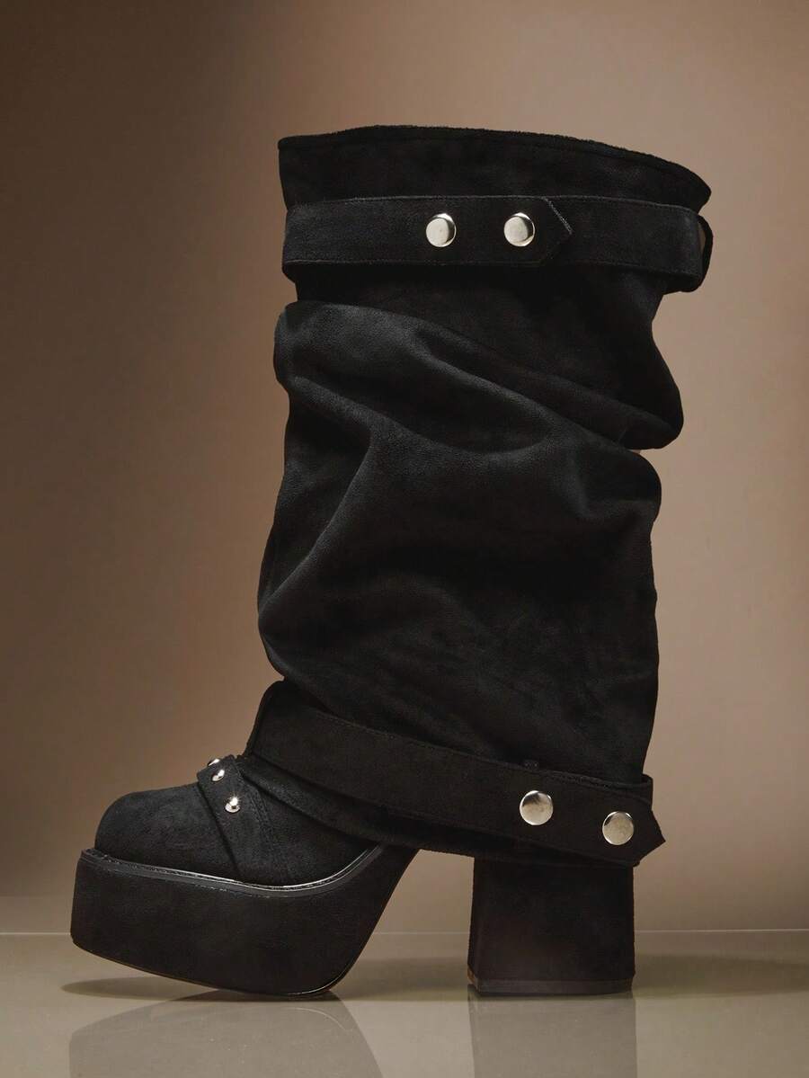 SHUZIA 女士时尚性感厚底中筒靴 - 黑色 - 查看 1