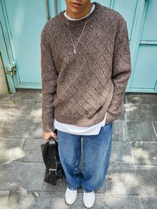 Manfinity Roghcode Men's Textured Crew Neck Long Sleeve Casual Sweater, Autumn/Winter - Maroon - View 3