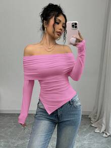 Rafferiza 女式优雅露肩大领褶边修身 T 恤，修身廓形，春秋季 - 玫紅色 - 查看 4