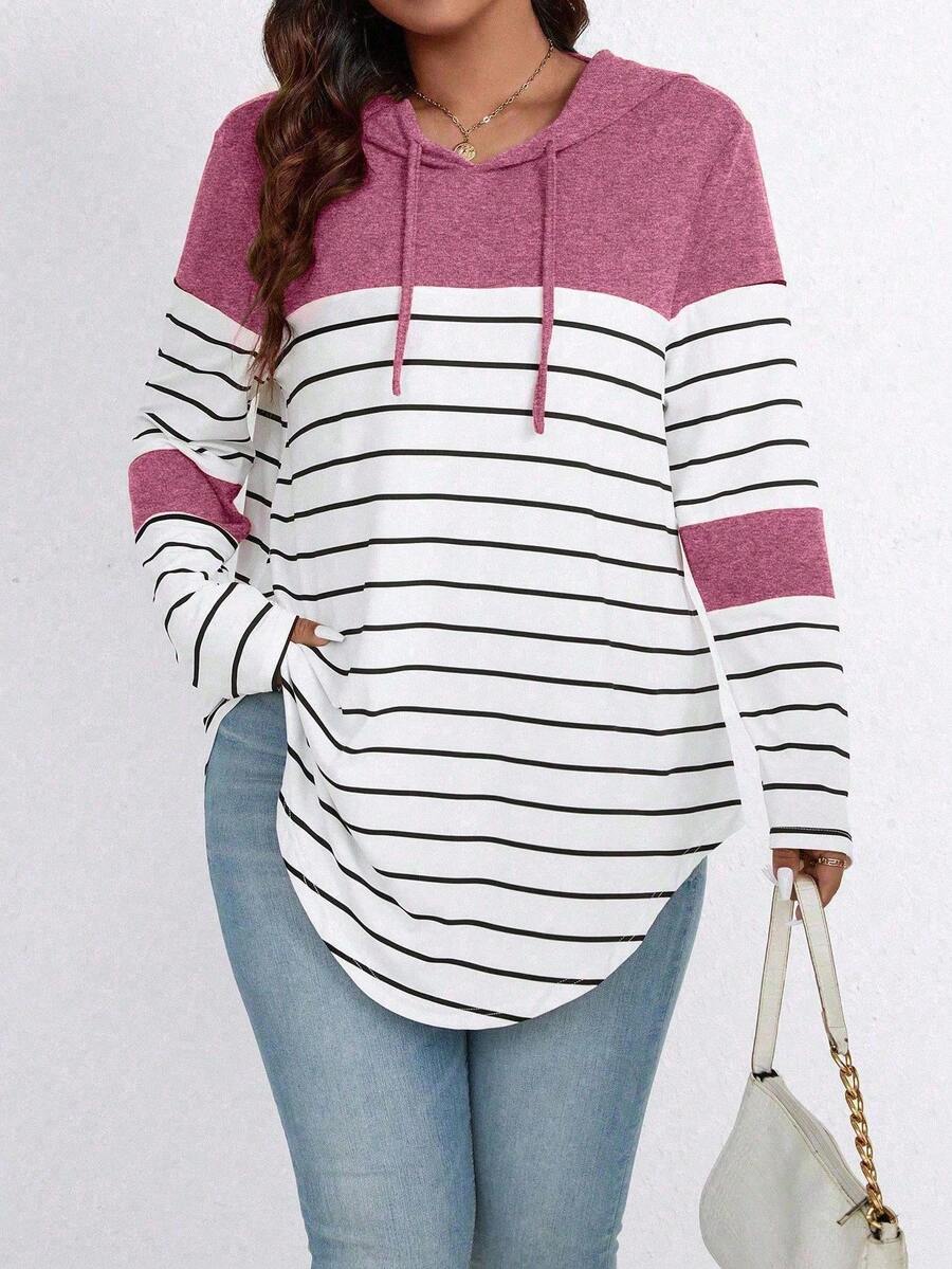 EMERY ROSE Camiseta de manga larga con capucha, bloques de color y rayas, para mujer, tallas grandes, para primavera - Rosa - Ver 1
