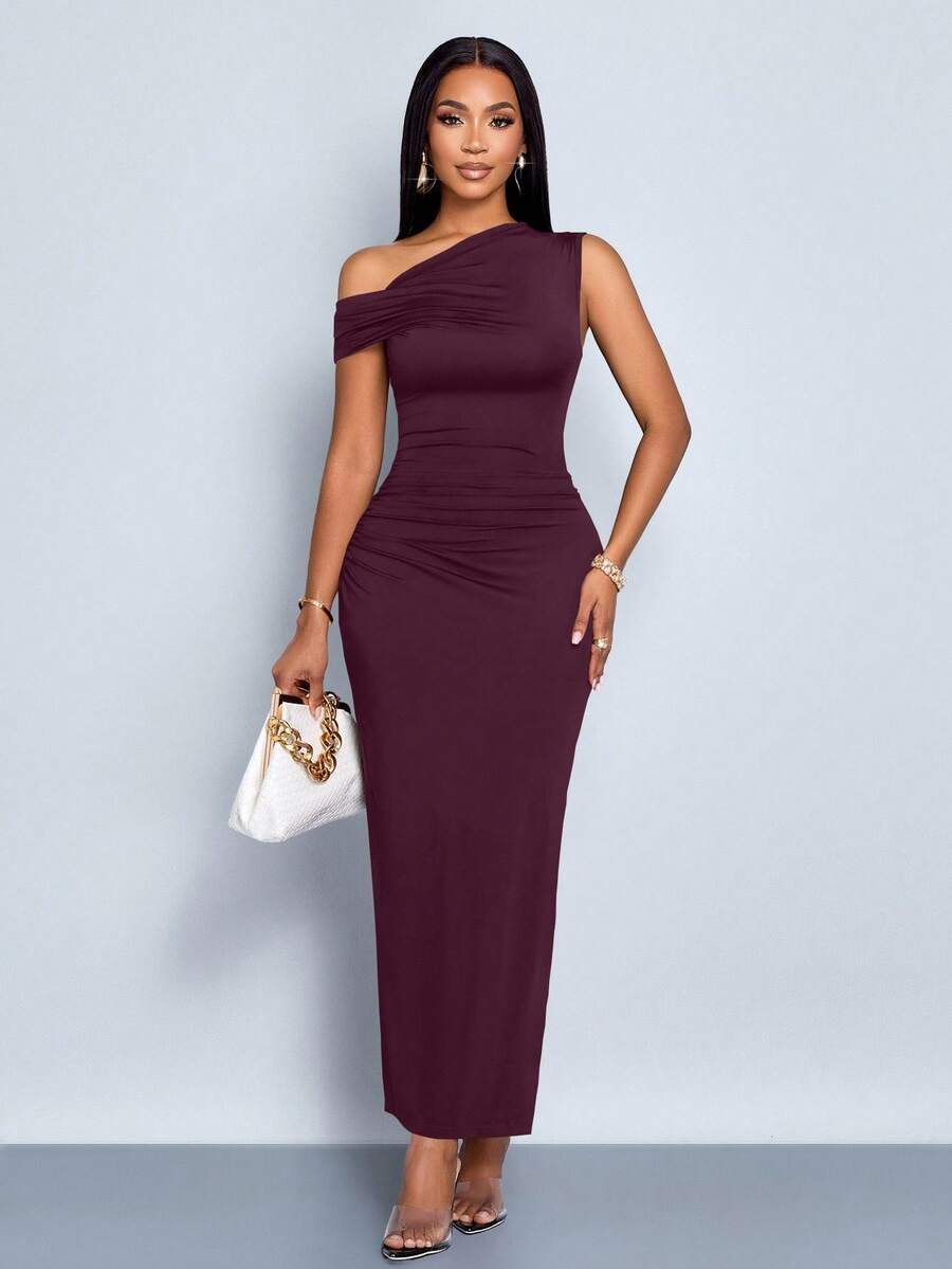 SOLERSUN Đầm dài bó sát vai lệch vai đơn giản, màu trơn, dự tiệc sang trọng, thời trang xuân hè cho nữ - Màu đỏ tím - Xem 1