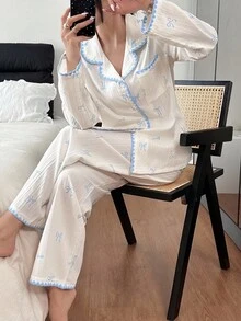 SHEIN 女士新款休闲可爱蕾丝边长袖上衣和裤子睡衣套装，秋冬服装 - 彩色 - 查看 6