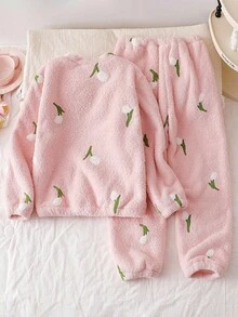 2pcs Girls Cute & Elegant Floral Embroidery Crew Neck Long Sleeve Top And Pants Homewear Set Fall Winter