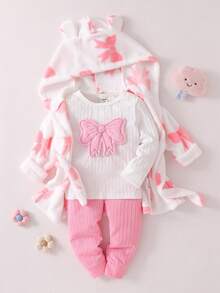 3pcs Newborn Baby Girls'white And Pink Pajama Set,Cute Cloud Print Plush Hoodie Robe,Long Sleeve Ribbed Top & Pants,Autumn Holiday Winter Outfit - Baby Pink - View 3
