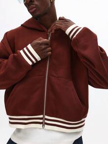 Áo hoodie có khóa kéo phong cách đại học cổ điển với họa tiết sọc thiết kế chữ cái cổ điển cỡ lớn thường ngày mùa đông - màu nâu - Xem 4