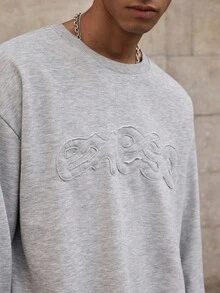 Mainfolk Men's Letter Applique Crew Neck Long Sleeve Sweatshirt And Pants Set, Autumn, For Fall Winter, Cozy Outfits - Light Grey - View 2