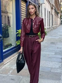 Chiquease Women's Autumn Long Sleeve PU Leather Loose Fit Cropped Motorcycle Jacket, Versatile - Burgundy - View 4
