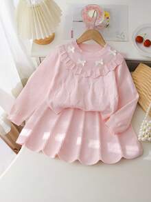 Souflis Souflis Young Girl Casual And Cute Pink Knitted Short Long-Sleeved Sweater With Bow And Knitted Skirt, Soft And Comfortable, Suitable For Daily Occasions, Suitable For Suitable For Traveling, Suitable For Vacation, Suitable For Home Scenes, Suitable For Nursery Scenes, Suitable For Children To Play. Wear Spring, Autumn And Winter Clothing, Festival Girls Outfit Sets - Pink - View 4