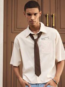 Manfinity VCAY Men's Solid Color Embroidered Printed Button-Down Short Sleeve Shirt - Apricot - View 6