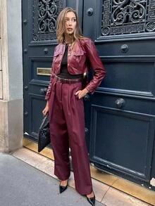 Chiquease Women's Autumn Long Sleeve PU Leather Loose Fit Cropped Motorcycle Jacket, Versatile - Burgundy - View 6