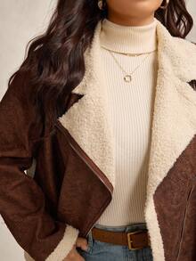 Zelara 加大码女式摩托车风格拉链休闲夹克，秋冬女式棕色夹克仿麂皮夹克羊羔绒夹克女式外套女式秋季夹克女式秋季服装女式西部服装女式夹克 - 卡其色 - 查看 6