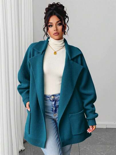 Elenzga Plus Size Casual Enfärgad turndown-krage Double Pocket Cardigan, höst/vinter