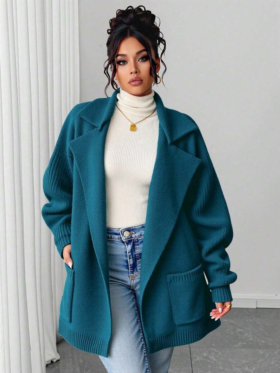 Elenzga Cárdigan casual de talla grande de unicolor con cuello vuelto y bolsillos dobles, apto para otoño/invierno - Azul - Ver 1