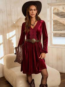 Lyxana LanaWest 女式西部休闲领子拼布荷叶边下摆 A 字形连衣裙 - 酒紅色 - 查看 5