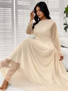 SHEIN Clasi Đầm dài tay lệch vai thanh lịch cỡ lớn, đầu thu - Màu be - Xem 4
