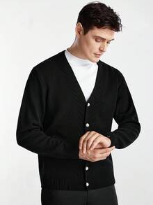 Manfinity CityGents Men's Solid Color V-Neck Drop Shoulder Long Sleeve Casual Button-Front Cardigan, Versatile, For Fall Winter